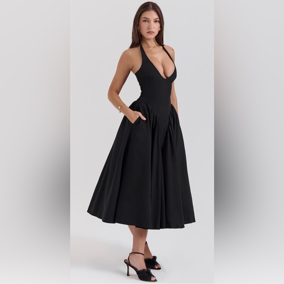 Black twill halter midi dress